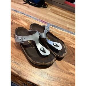 Birkenstock Gizeh Silver Metallic Thong Sandals Womens 39 Regular Cork Footbed